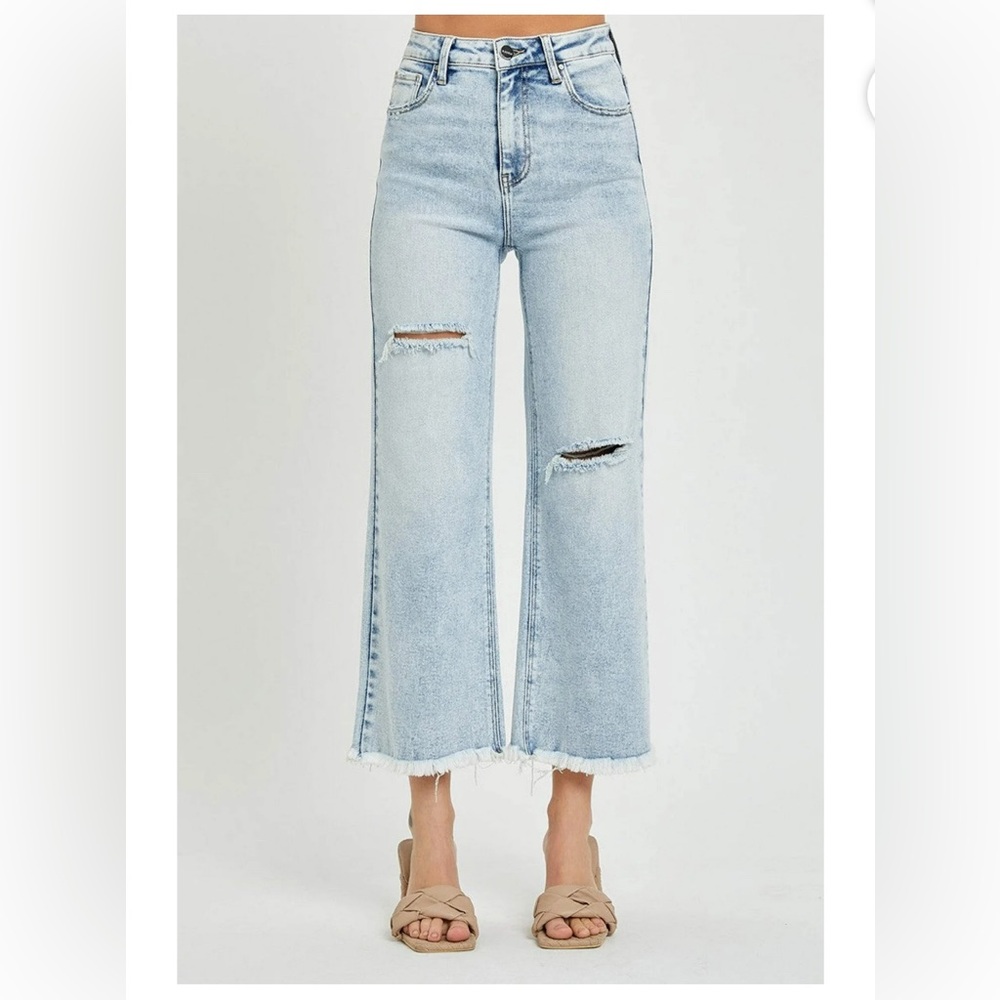 Risen Jeans - High Rise Frayed Ankle Wide Jeans w/ Distressing, Size 1